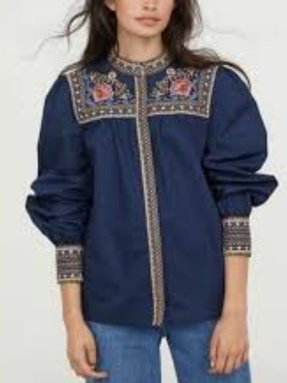 H&M Navy Blue Boho Button-Front Embroidered Yoke Blouse Size 2 Long Sleeve